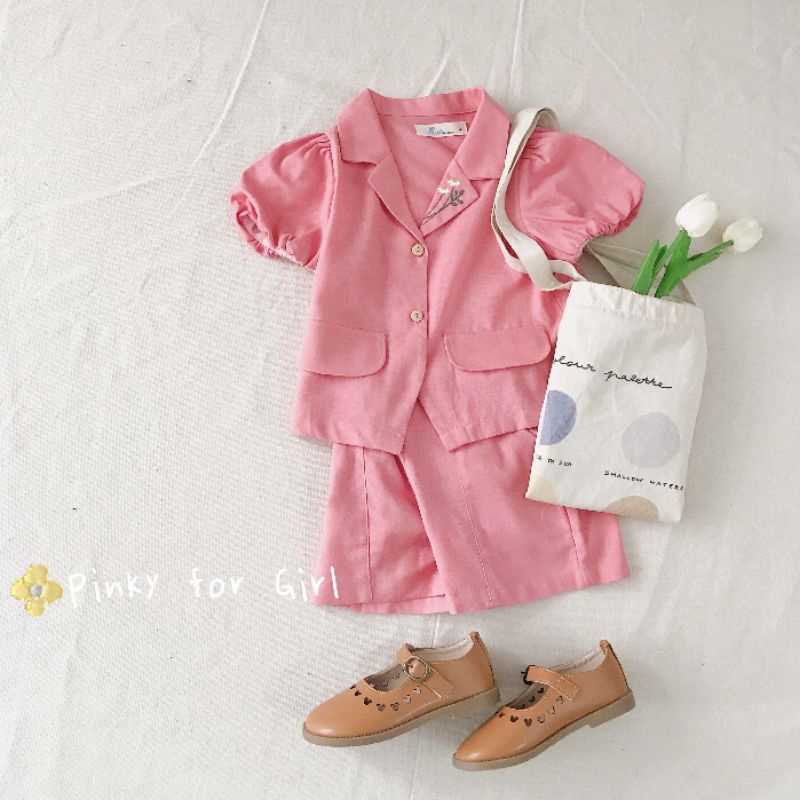 Bộ vest bé gái thêu hoa cúc vải linen mềm bé 1-10 tuổi