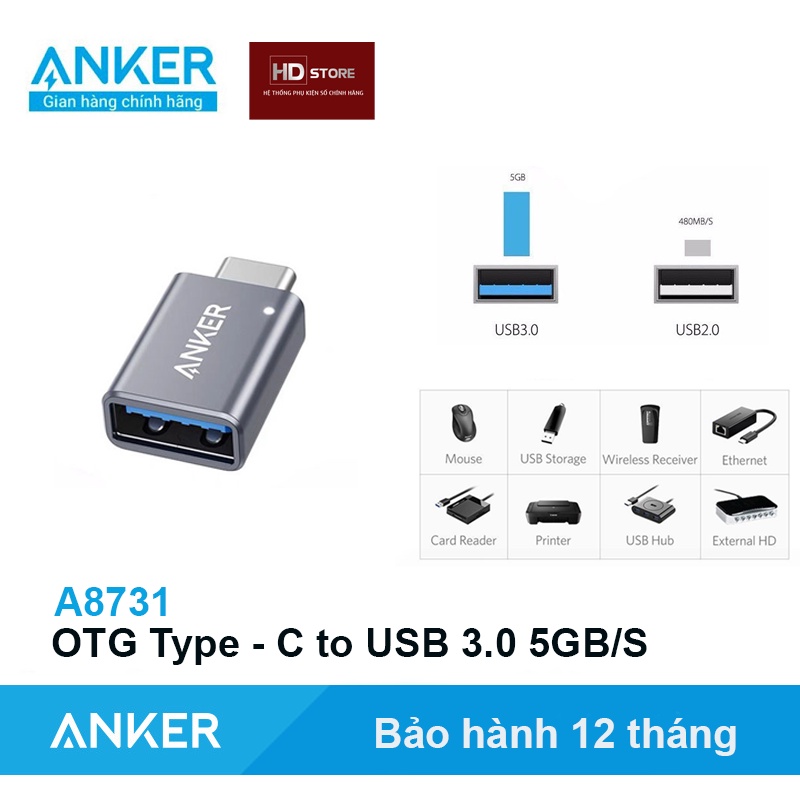 Đầu chuyển OTG Anker Type C to USB 3.0 5Gbps - A8731 Laptop Macbook Mac Samsung cắm chuột Led truyền dữ liệu tốc độ cao