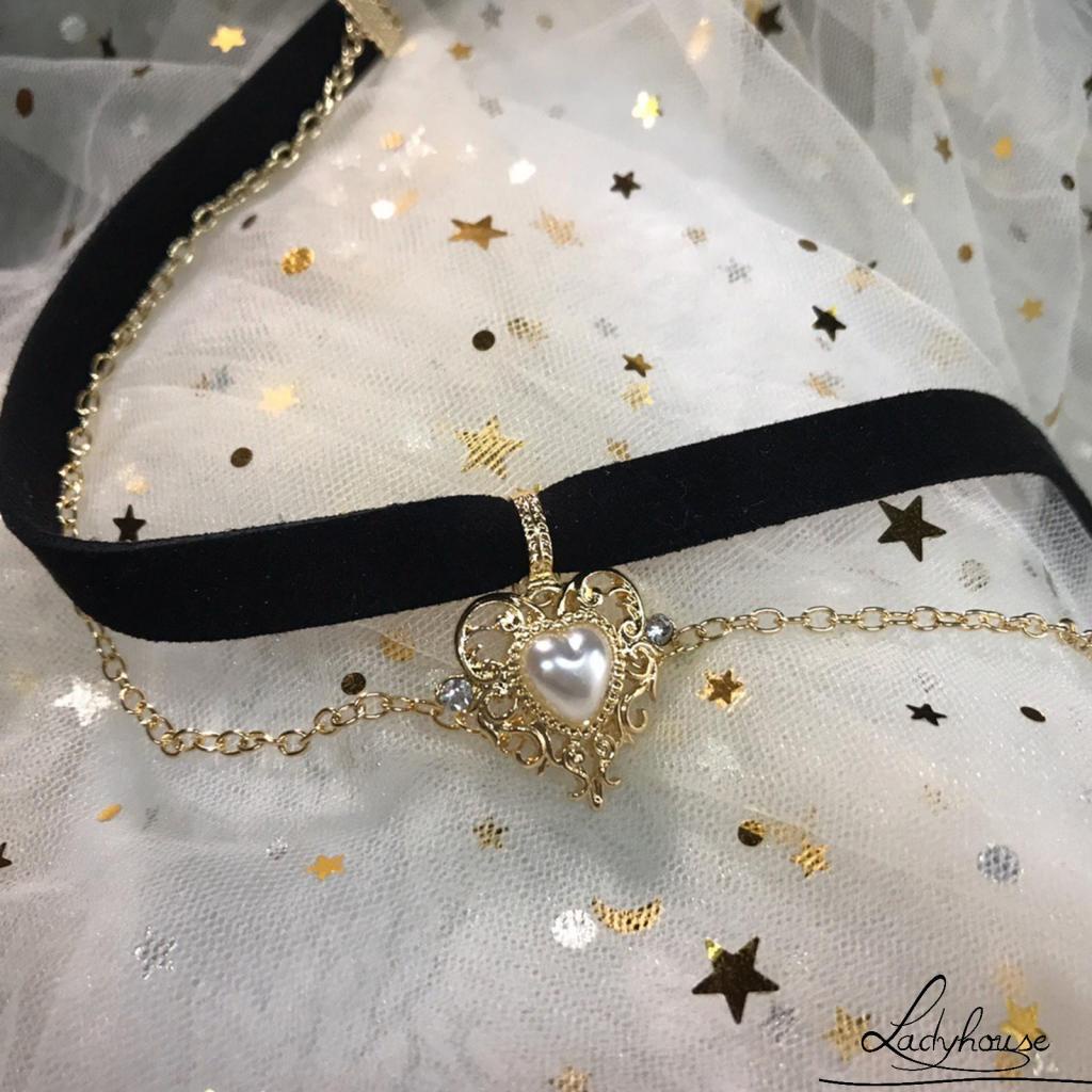 Vòng cổ dây nhung mặt trái tim vàng đính ngọc trai nhân tạo phong cách cổ điển dành cho nữ