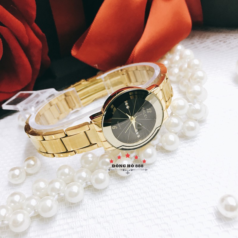 Đồng hồ nữ Halei dây vàng mặt tròn thời trang sang chảnh, chống nước chống xước DW