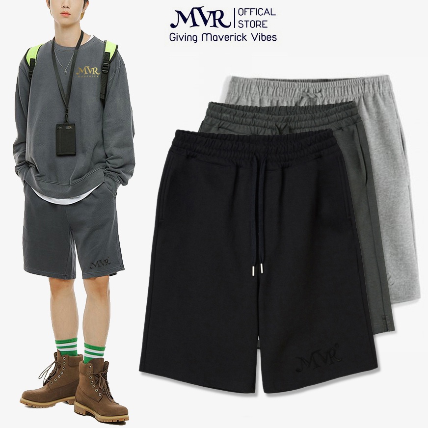 >110Kg Quần Đùi Nam Nữ Short Unisex Sooc Sọt form dài chạm gối chất vải cotton da cá dầy thêu logo MVR Màu Đen Xám