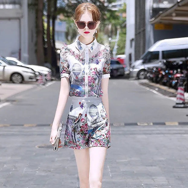 Bộ áo kiểu tay ngắn + quần short ống rộng lưng cao thời trang hè 2022 cho nữ