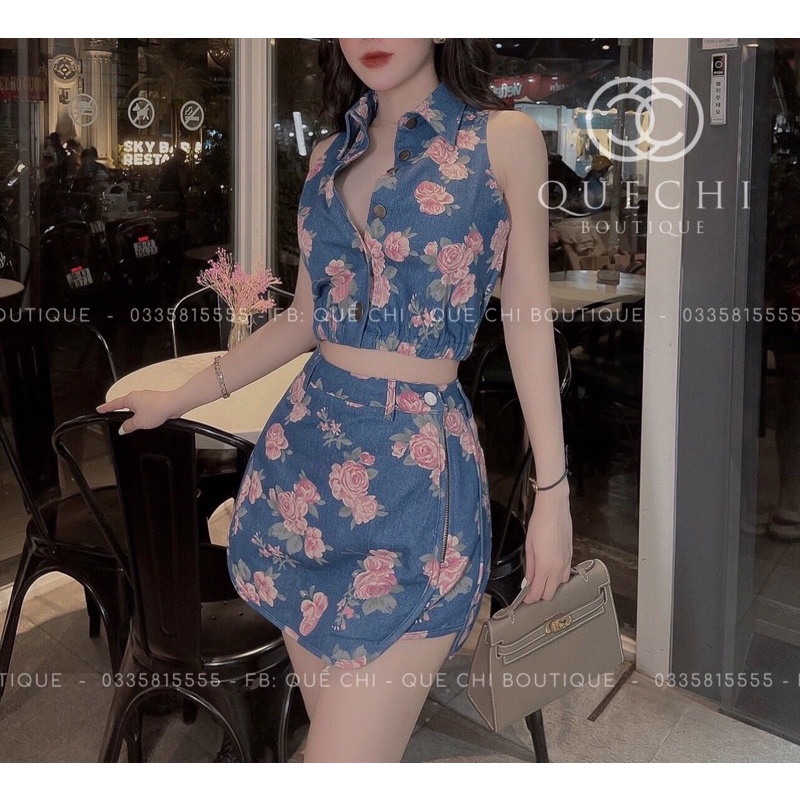 Sét bò hoa hồng áo crotop sát nách+chân váy