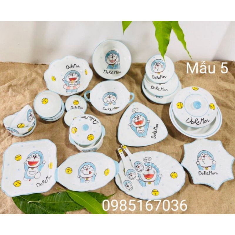 Bộ bát đĩa hình chú mèo máy Doremon siêu cute.Hàng sứ Bát Tràng.