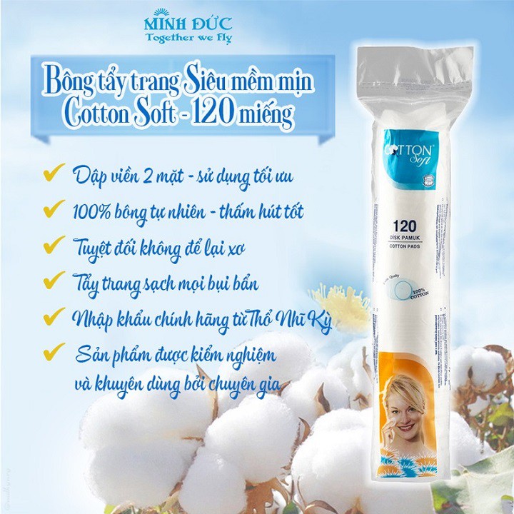 cây Bông Tẩy Trang Siêu Mềm Mịn Cotton Soft 120 miếng DẬP VIỀN CAO CẤP
