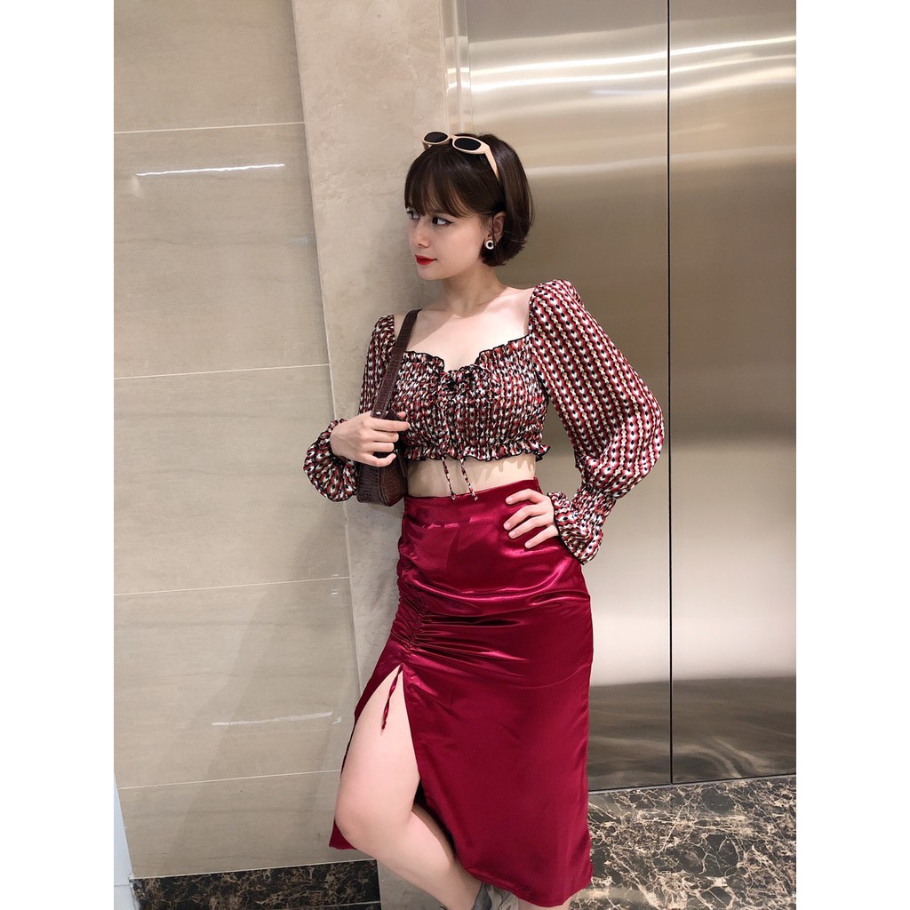 Chân Váy Xẻ Tà Cao Dáng Dài Satin Rút Dây - YCV018270