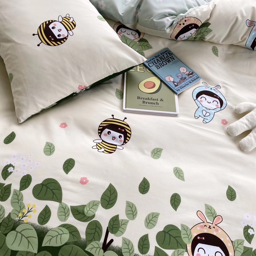 Bộ chăn ga Cotton Poly M2t bedding chăn ga Hàn Quốc họa tiết cô bé ong đủ size miễn phí bo chun