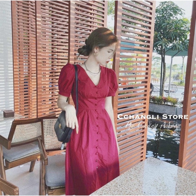 ĐẦM CỔ V MIDI NÚT BỌC TAY BÚP