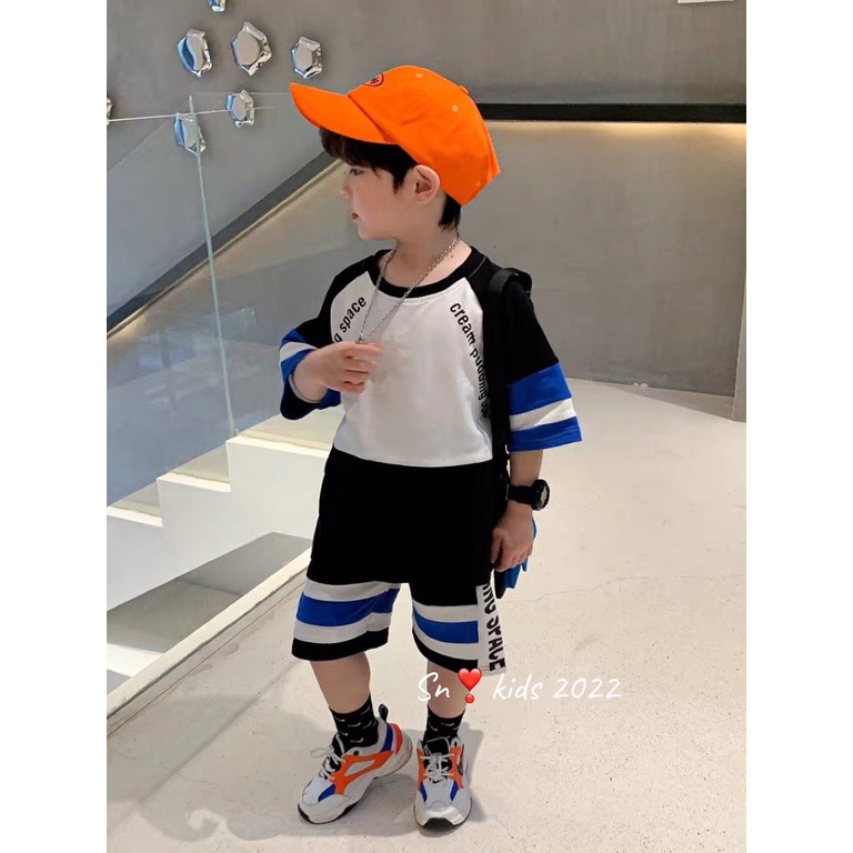 Bộ cộc tay bé trai, bộ quần áo phối màu ghép may tỉ mỉ chất cotton tàu mát cho bé