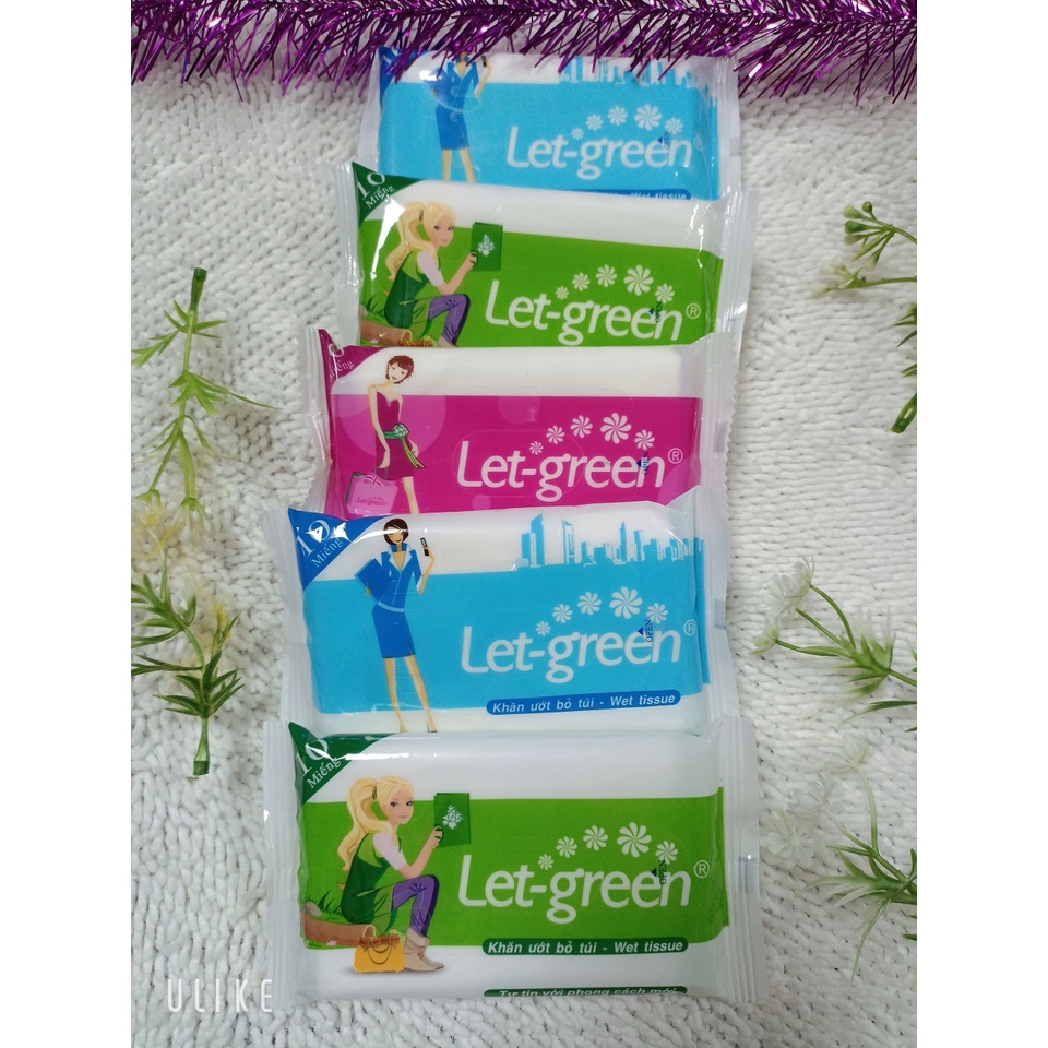 Bộ 5 gói sản phẩm khăn ướt bỏ túi Let-green 10 miếng /1 gói