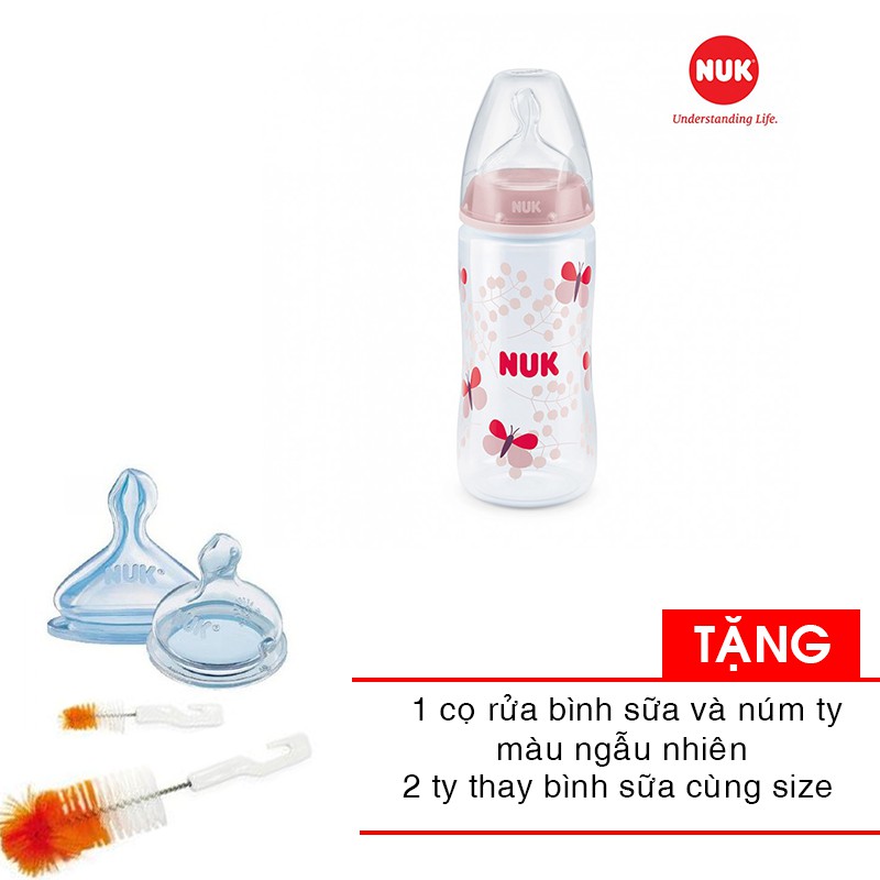 Bình sữa NUK cổ rộng PP 300ml - Ty Silicone 1M NU66133 tặng cọ rửa bình sữa và núm ty và 2 ty bình sữa cùng size