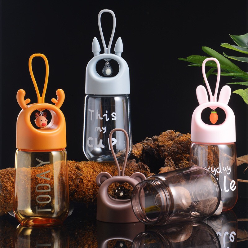 Bình đựng nước cute bằng nhựa cao cấp dung tích 450ml chống rò rỉ, Bình nước đi học cho bé có quai cầm tiện lợi