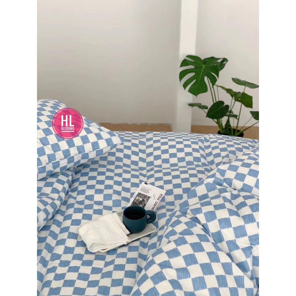 Bộ chăn ga Cotton Poly HL bedding chăn ga Hàn Quốc bàn cờ vua caro ô vuông xanh dương nhỏ đủ size miễn phí bo chun