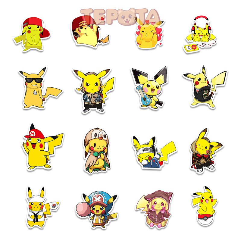 Pikachu Sticker TEPOTA Set 50 Miếng Dán Dễ Thương Trang Trí Thủ Công Không Thấm Nước Dán Mũ Bảo Hiểm, Xe, Laptop ST05
