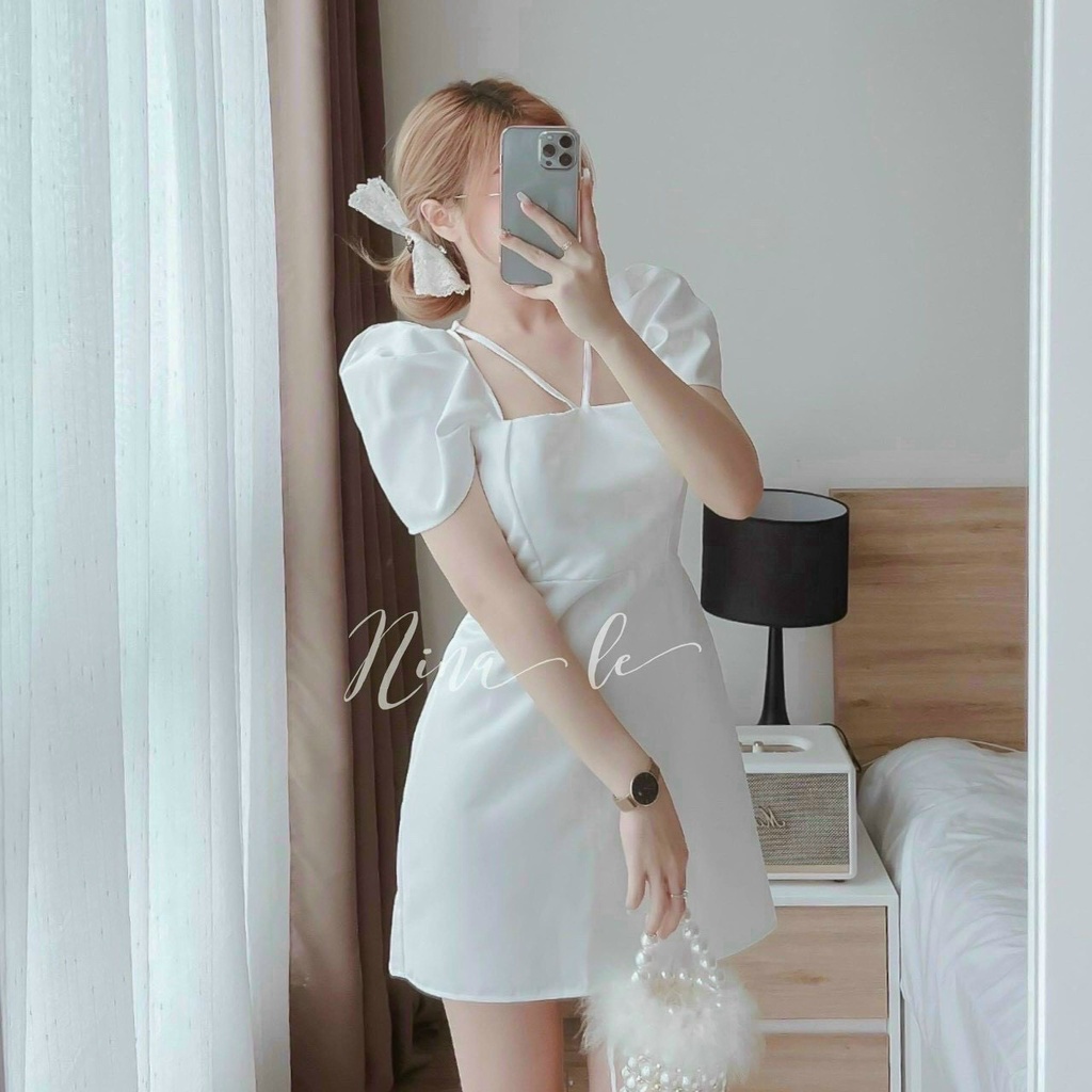 Đầm ngắn chữ A kiểu cổ vuông dây tay ngắn bồng