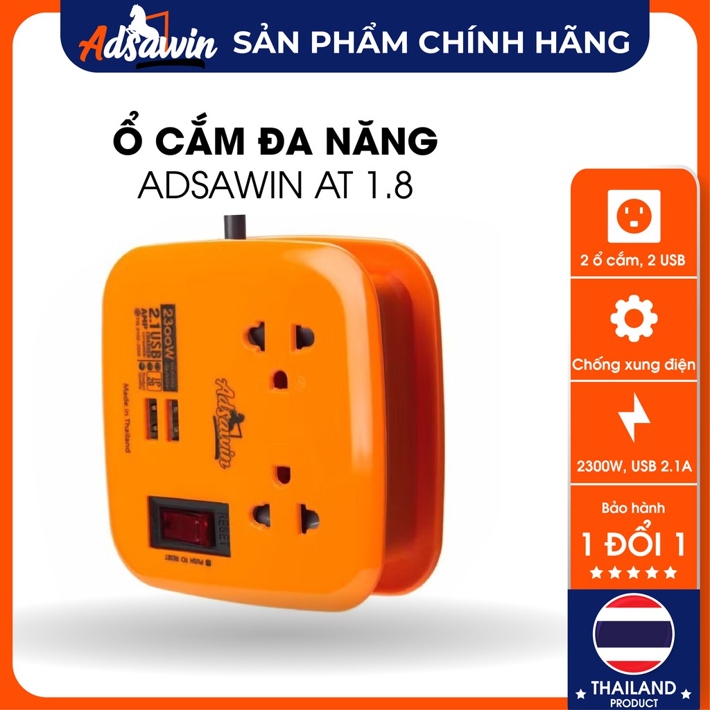 Ổ CẮM CHÍNH HÃNG TOSHINO ADSAWIN THAILAND AT 1.5 CHỐNG XUNG ĐIỆN,2USB 2.1A,2300W