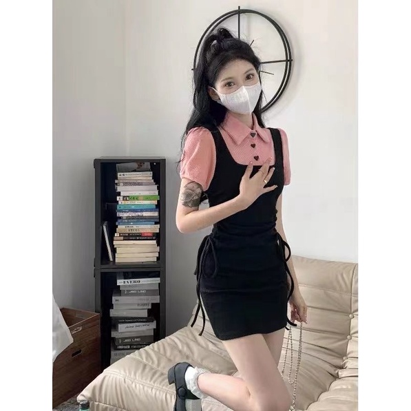 Đầm Giả Hai Mảnh Ngắn Tay Cổ Polo Phong Cách Hợp Thời Trang Cho Nữ