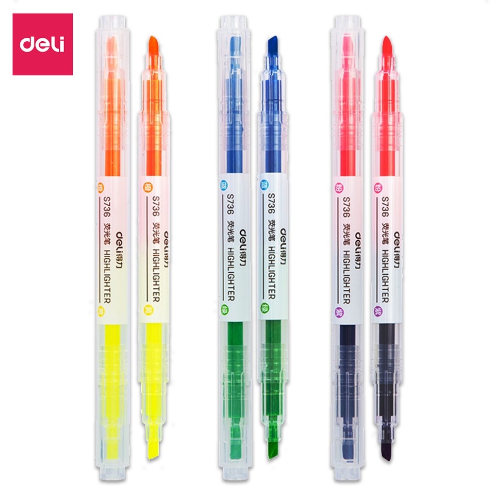 Bộ bút highlight đánh dấu dòng hai đầu dạ quang Deli nhiều màu tiện dụng cho học sinh văn phòng trang trí sổ S736