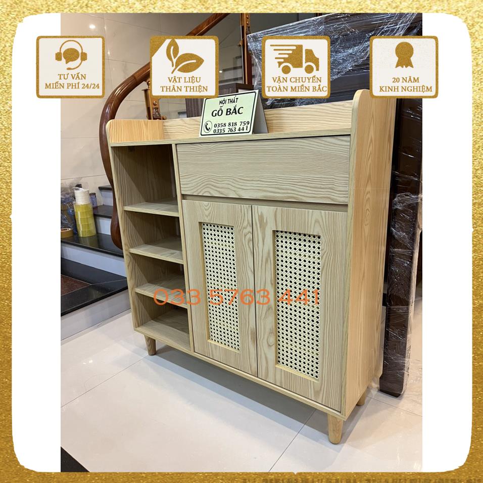 Tủ giầy dép 2 cánh 1 kệ kèm họa tiết đan mây gỗ MDF phủ melamine cánh mây - tủ giày