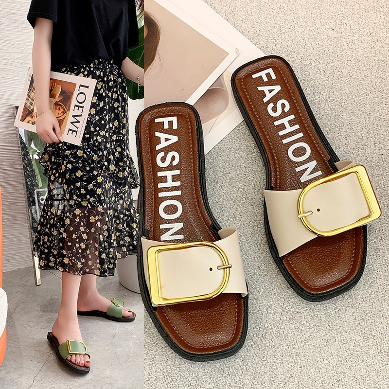 2021 Summer New Korean-Style Sandals and Slippers Women's Outer Wear Square Buckle Flat Casual Fashion Soft-Sole Beach W