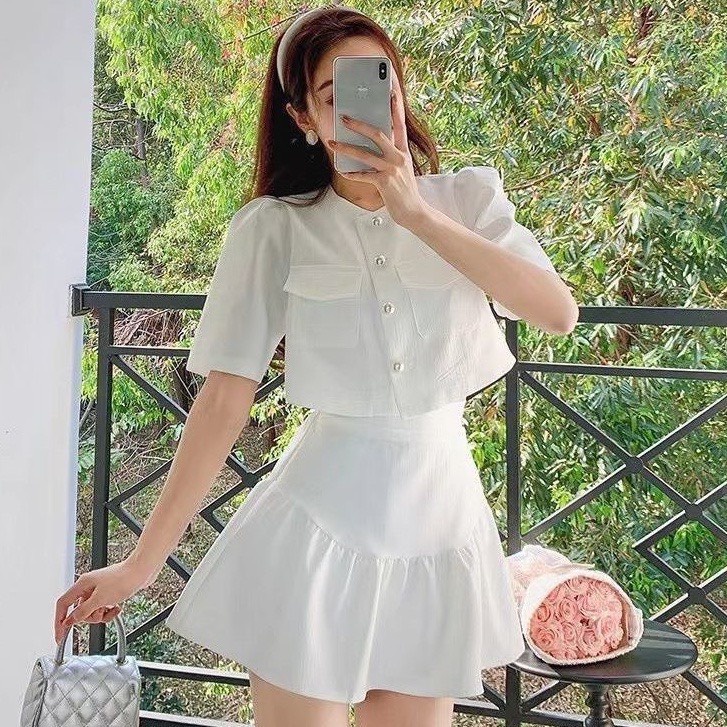 Sét áo vest croptop và chân váy tennis, Bộ áo chân váy xếp ly dáng ngắn kiểu hàn màu xanh rêu JAN House