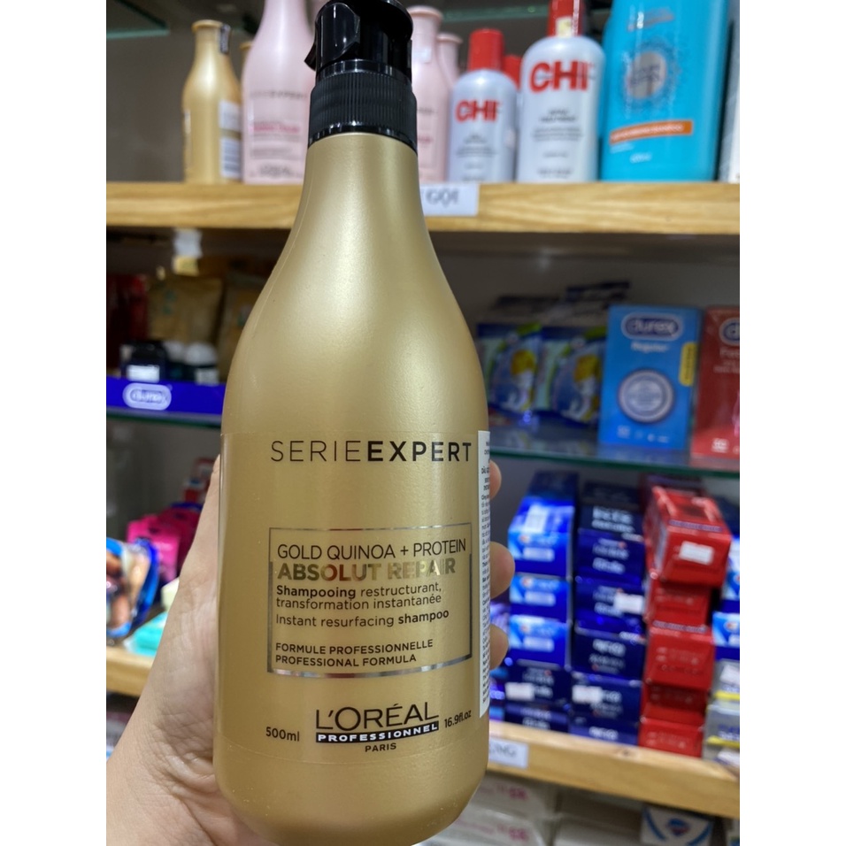 Dầu gội , dầu xả, hấp dầu phục hồi tóc hư tổn cao cấp Loreal Serie Expert Gold Quinoa + Protein Absolut Repair