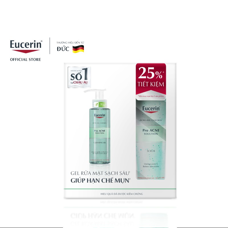 [Ưu Đãi 25%] Bộ sản phẩm giảm mụn Eucerin Pro Acne (Gel rửa mặt 200ml &amp; Tẩy tế bào chết 100ml
