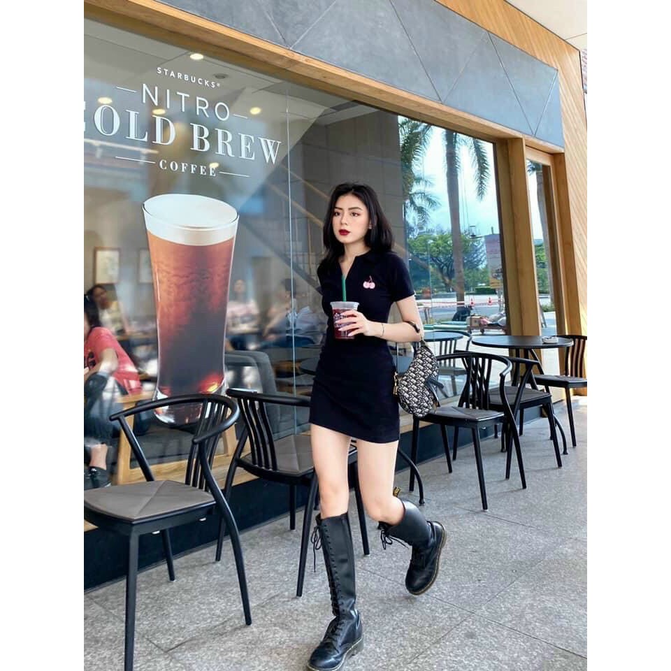 đầm ngắn borip cổ trụ thêu cherry