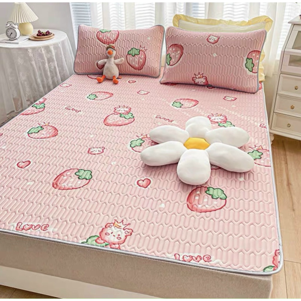 Chiếu điều hòa cao su non 5D Tencel,kích thước m6/m8/2m2, mẫu dâu tây hồng