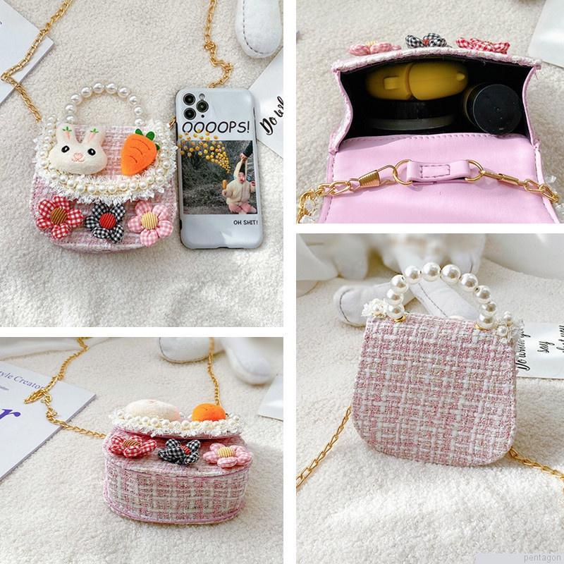 Túi xách đeo chéo vai dây xích đính hạt ngọc in hoạt hình đáng yêu cho bé gái