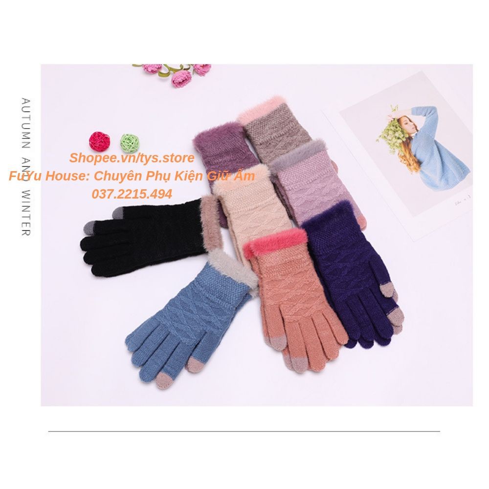 Găng tay len nữ cảm ứng lót lông giữ ấm thu đông phong cách Hàn Quốc cực ấm và đáng yêu - FuYu House