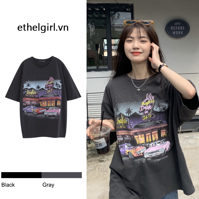 Áo thun cổ tròn tay ngắn in họa tiết retro thời trang với 2 màu tùy chọn cho nữ