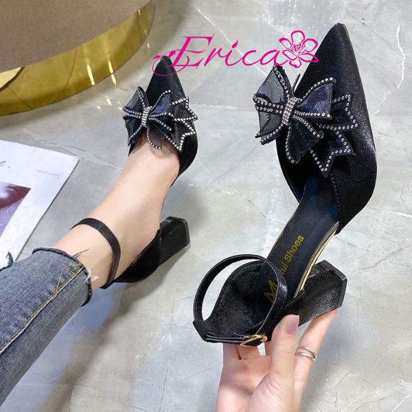 Giày cao gót 7p đế vuông kiểu dáng sandal quai ngang TH137 đính nơ ren đá tiểu thư sang chảnh cuốn hút ERICA SHOES - BCF