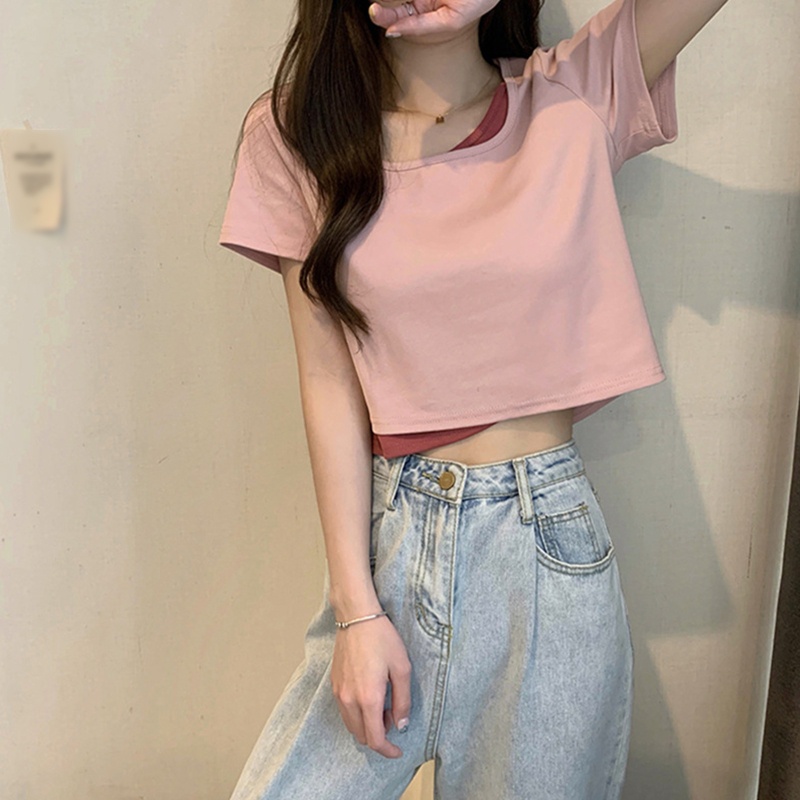 Brroa Áo Thun Crop Top Giả 2 Mảnh Tay Ngắn Dáng Rộng Màu Sắc Tương Phản Thời Trang Mùa Hè Cho Nữ
