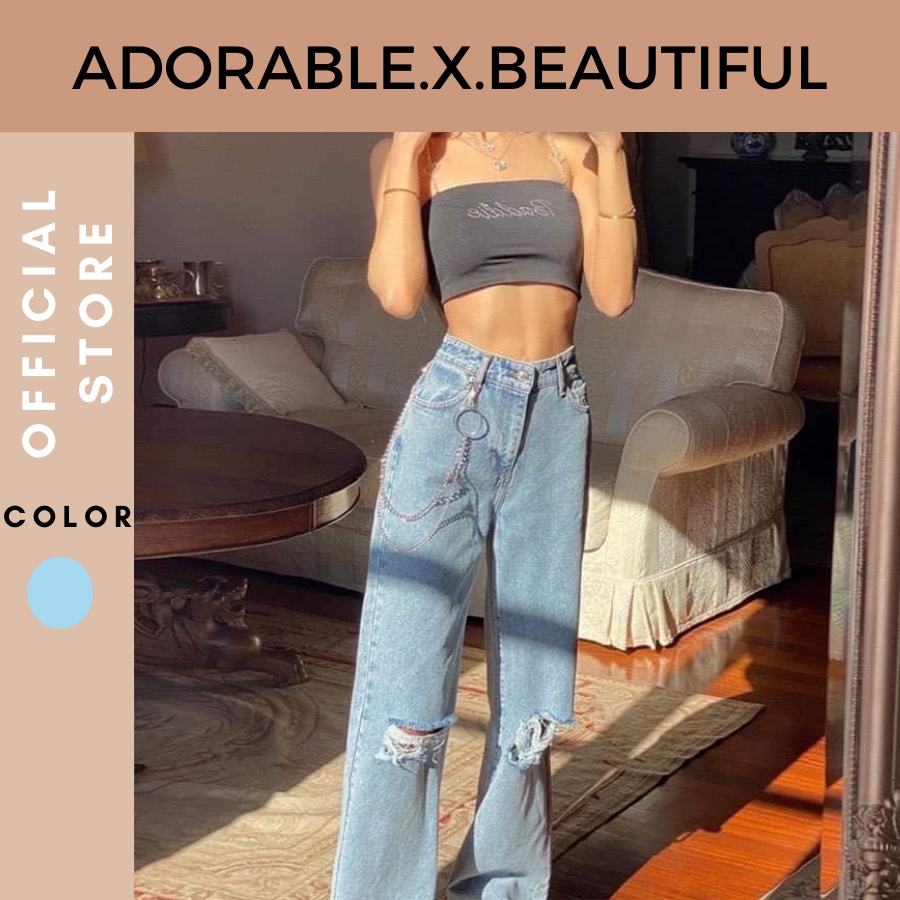 Quần Jeans Xanh Rách Kèm Dây Xích Phong Cách Bụi Bặm Dành Cho Nữ Hot Trend 2022 Hàng Nhập Không May Lại