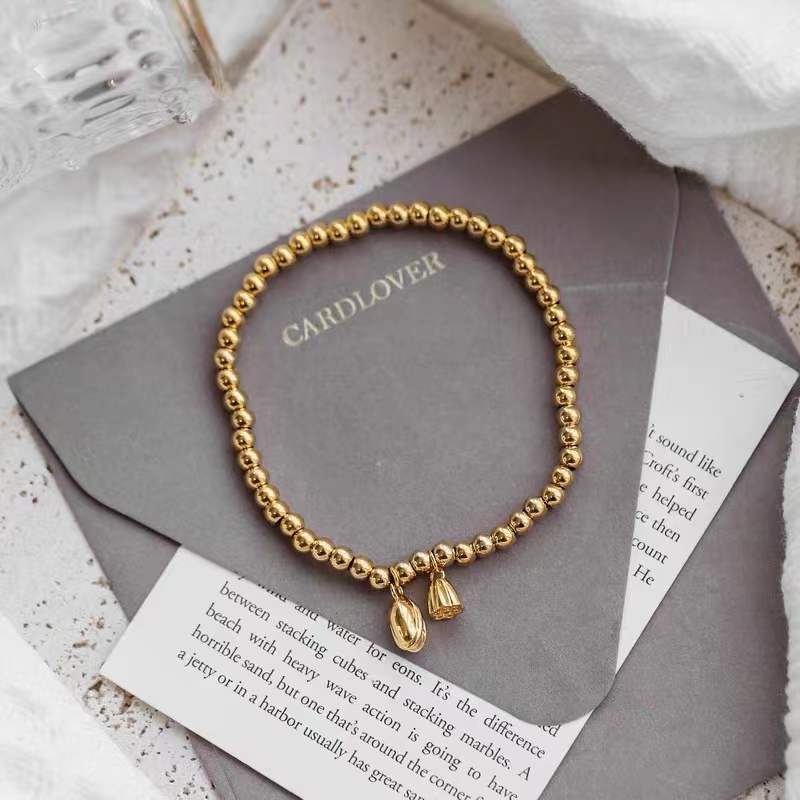 Vòng Tay Hạt Tròn Nhỏ Bằng Thép Titanium Mạ Vàng 18k Thời Trang Đơn Giản
