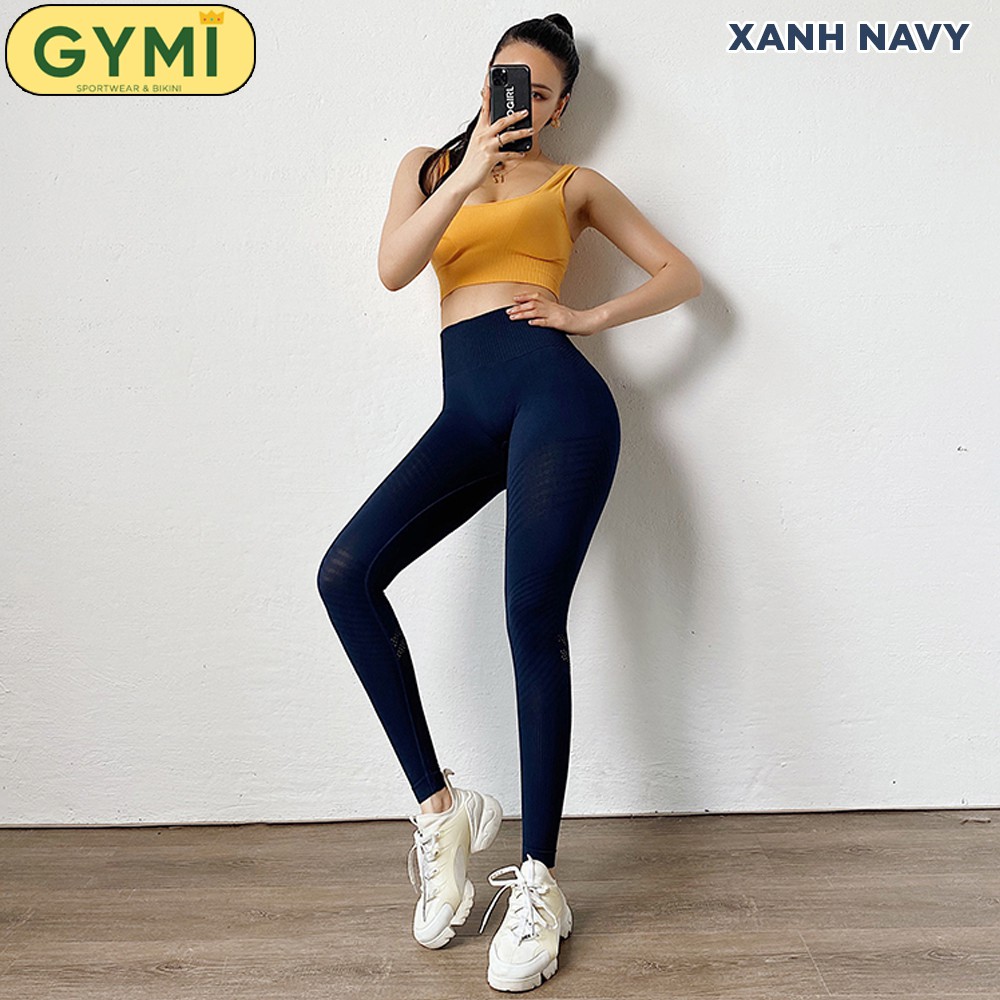 Quần tập gym yoga nữ chun mông GYMI QD17 dáng legging thể thao lưng cao nâng mông hoạ tiết cắt lazer ống quần