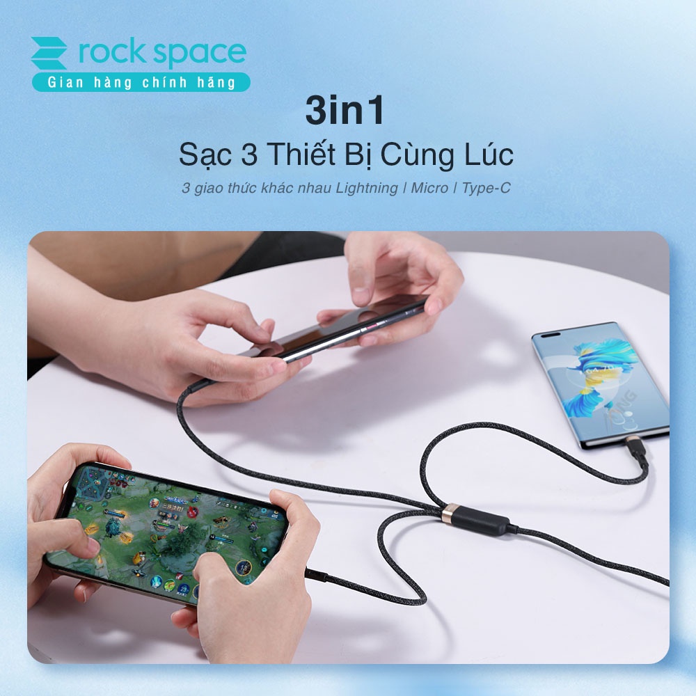 Dây cáp sạc nhanh chính hãng ba đầu Rockspace G18  dây dù, sạc 3 thiết bị cùng lúc, BH 12 tháng