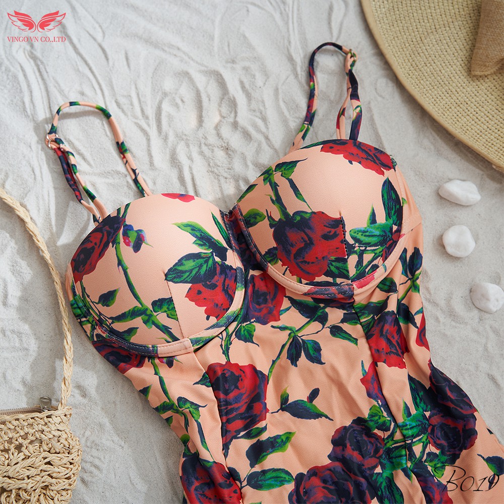 Set đồ bơi bikini nữ liền thân 1 mảnh kiểu hai dây cup ngực đi biển mùa hè họa tiết hoa hồng sexy quyến rũ B019 VNGO