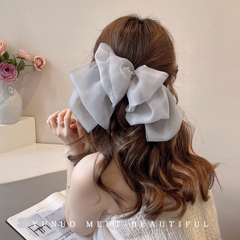 Kẹp Tóc Hình Nơ Lưng Bằng Vải Voan Phối Lông Thời Trang Xuân Hè Xinh Xắn Cho Nữ