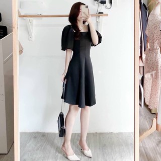 Đầm váy đen cổ vuông tay lỡ (kèm hình thật)
