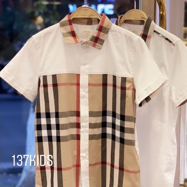 Áo sơ mi burberry 137Kids trắng cộc tay vải cotton thoáng mát cho bé trai