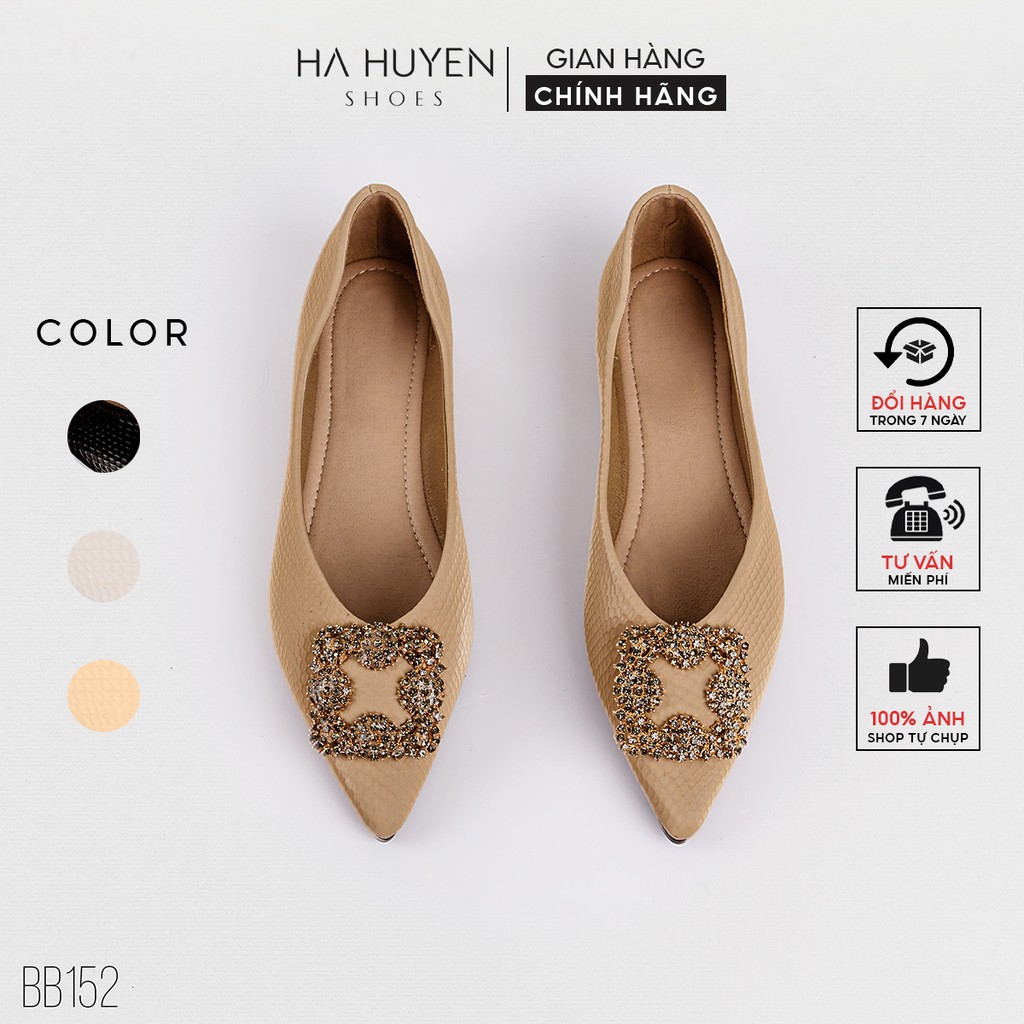 Giày búp bê nữ Hà Huyền Shoes da sần mũi nhọn đính đá lấp lánh - BB152
