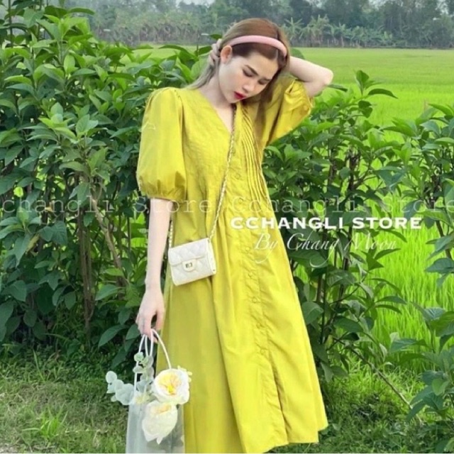 Váy đầm suông xanh cốn cổ V tay bồng li ngực siêu hot mh yy pl om