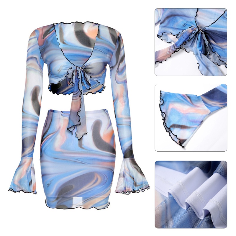 Bộ Áo Croptop 2 Dây Tay Dài Loe Cổ Chữ V + Chân Váy Ngắn Ôm Dáng Thời Trang Mùa Hè Quyến Rũ Cho Nữ
