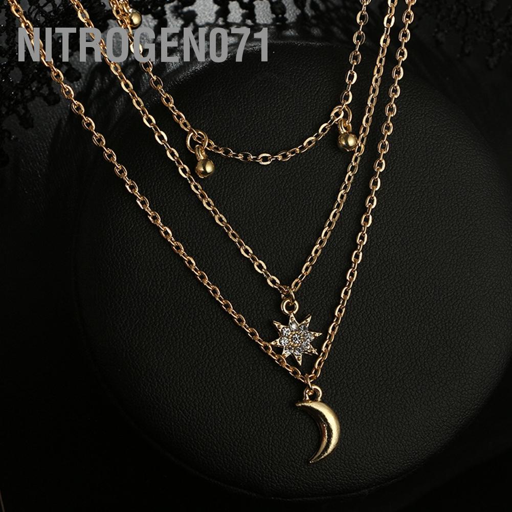 Nitrogen071 Women Multi Layers Rhinestones Moon Pendant Clavicle Necklace Alloy Jewelry Accessory
