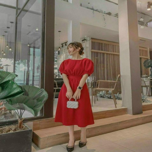 Đầm Dáng Xòe Cổ Tròn Tay Phồng Thắt Nơ Eo Màu Đỏ Size S