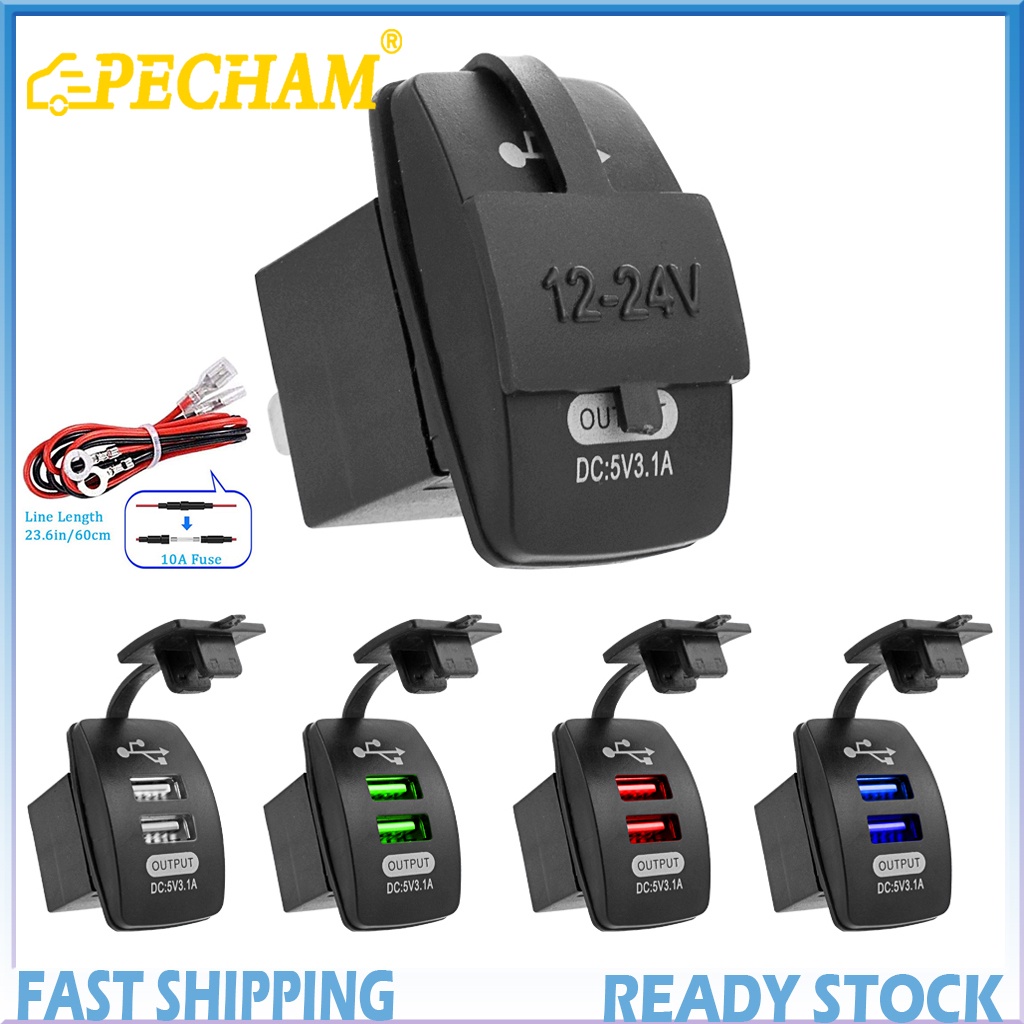 Tẩu sạc điện thoại trên xe hơi PECHAM hai cổng 3.1A DC 12V/ 24V chống thấm nước