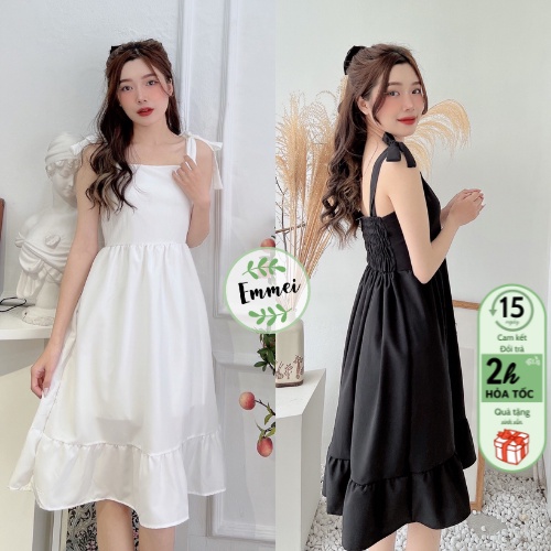 Đầm hai dây buộc nơ, váy hai dây trắng xèo hàn quốc Emme v8