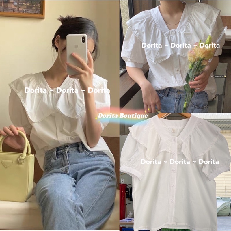 Áo sơ mi trắng cổ tròn viền ren họa tiết nổi Áo sơ mi ren hàng Quảng Châu - Dorita Boutique